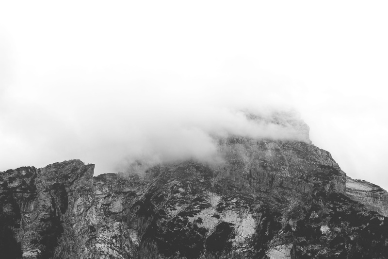 day, mountain peak, formation, geology, fog, mountain, outdoors, nature, black, land, germany, sky, beauty in nature, watzmann, 5K, white, rock - object