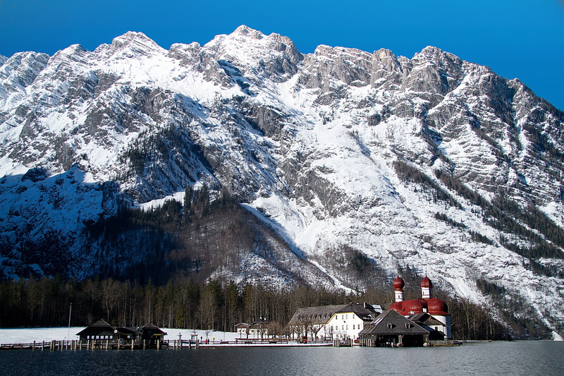 waterfront, snowcapped mountain, plant, ice, cold temperature, outdoors, berchtesgaden alps, bartholomä st, landscape, nautical vessel, european Alps, transportation