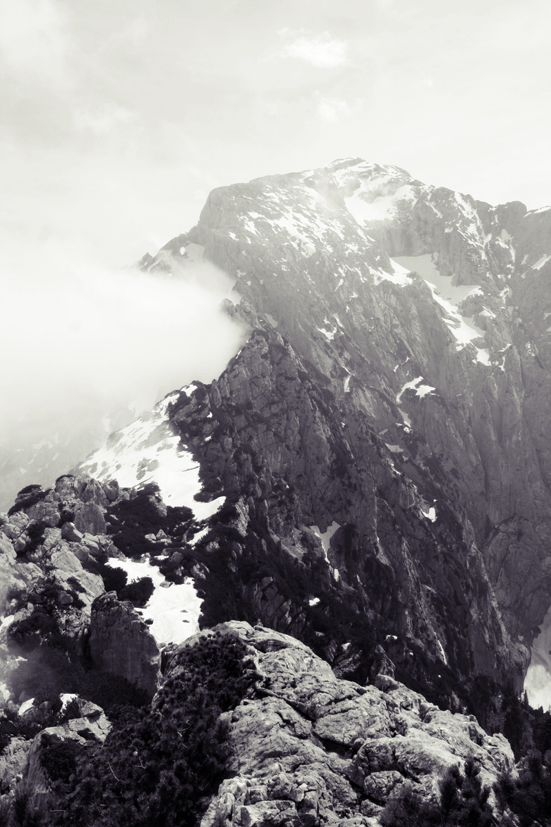 mountain peak, watzmann, b w, eagles nest, rock, rock formation, formation, nature, winter, mountain, non-urban scene, solid, rock - object, no people