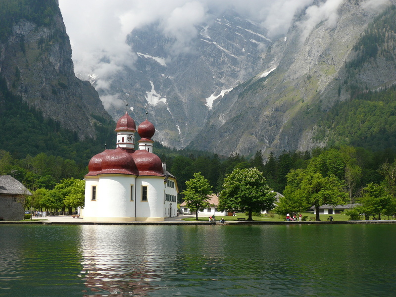 waterfront, st, lake, water, idyll, built structure, scenics - nature, beauty in nature, königssee, no people, religion, sky, watzmann east face, nature