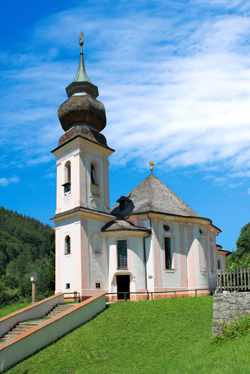 maria gern, church, sky, cloud - sky, postkartenmotiv, chapel, berchtesgaden, house of worship, tourist attraction, land, building exterior, plant, religion