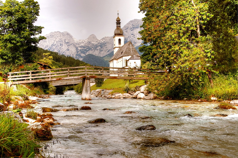 building, religion, water, place of worship, day, germany, nature, upper bavaria, river, flowing water, tree, flowing, spirituality, ramsau, sky, berchtesgaden