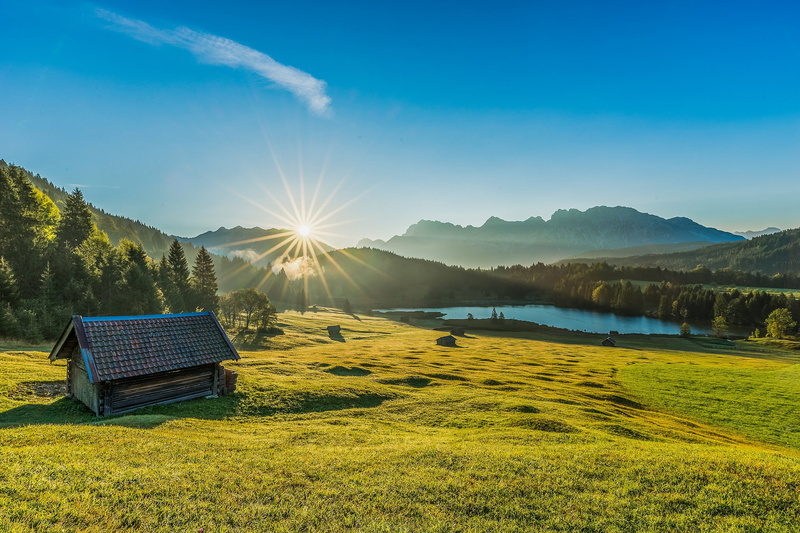 water, nature, The Bavarian Alps, 1080P, tranquil scene, sunrise, idyllic, tranquility, sky, meadow, green, landscape, lens flare, non-urban scene, hut
