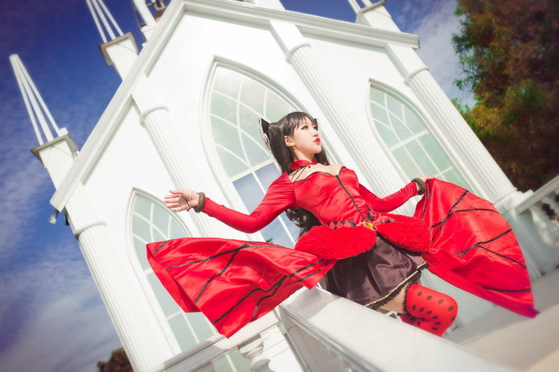 pose, walk, style, red, girl, 1080P, Asian, white, movement, arch, castle, blue background, image, cosplay, outfit, the sky, Windows, look, costume, hem