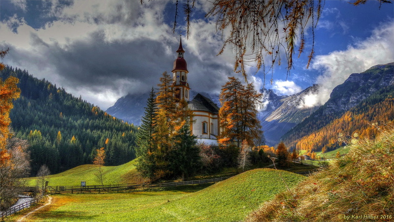 the sun, Obernberg am Brenner, Church, forest, Austria, Tribulaune, 1080P