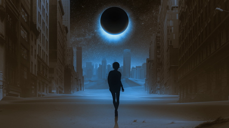 night, fantasy, street, one person, architecture, nature, moon, luminos, black, leisure activity, rear view, illuminated, building exterior, blue, silhouette
