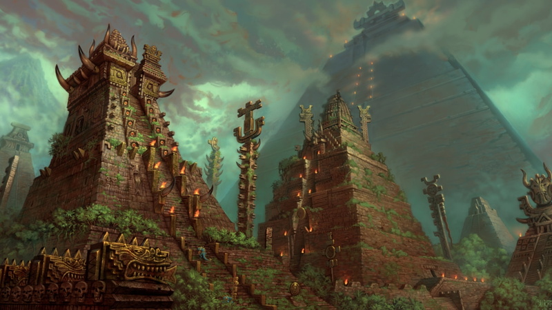 sky, Jungle, Ritual, storm, fantasy, Trees, landscapes, forest, clouds, stairs, artistic, 1080P, Aztec, architecture, Steps, smoke, fire, buildings, flames