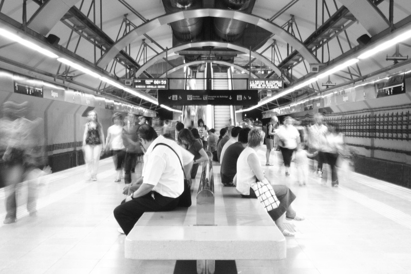 rail transportation, track, traveling, commuting, barcelona, motion, subway, train, architecture, vehicle, commuter, technology, station, adult, crowd