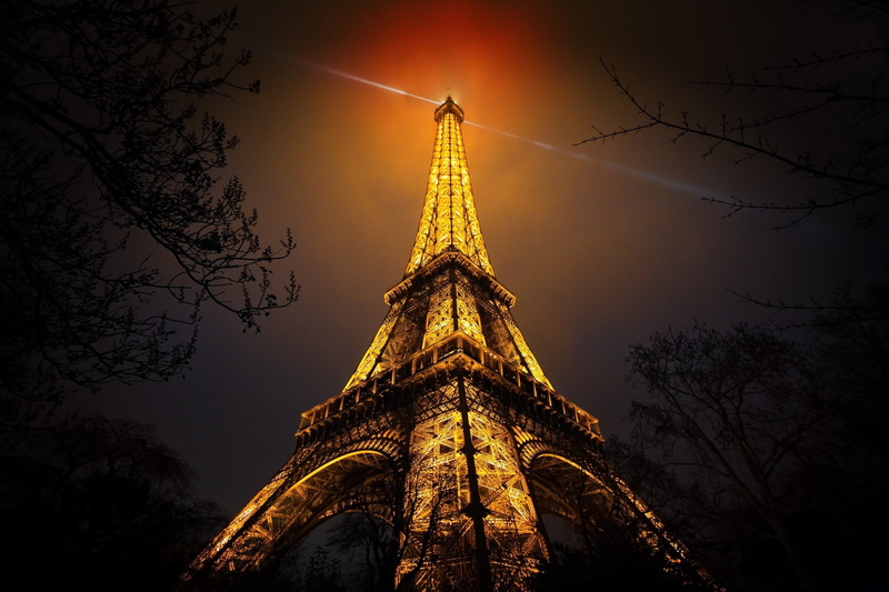 city, architecture, 1080P, travel destinations, building, spire, night eiffel tower paris france branch artificial lights red gold black monuments urban
