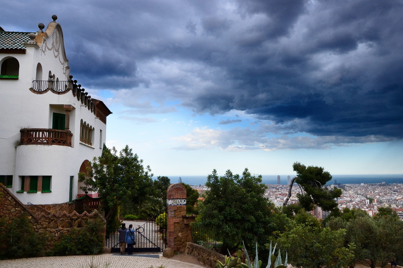 day, rain, building exterior, architecture, cloud - sky, men, tree, people, 4K, barcelona, sky, house, park güell, nature, religion, dark cloud, outdoors
