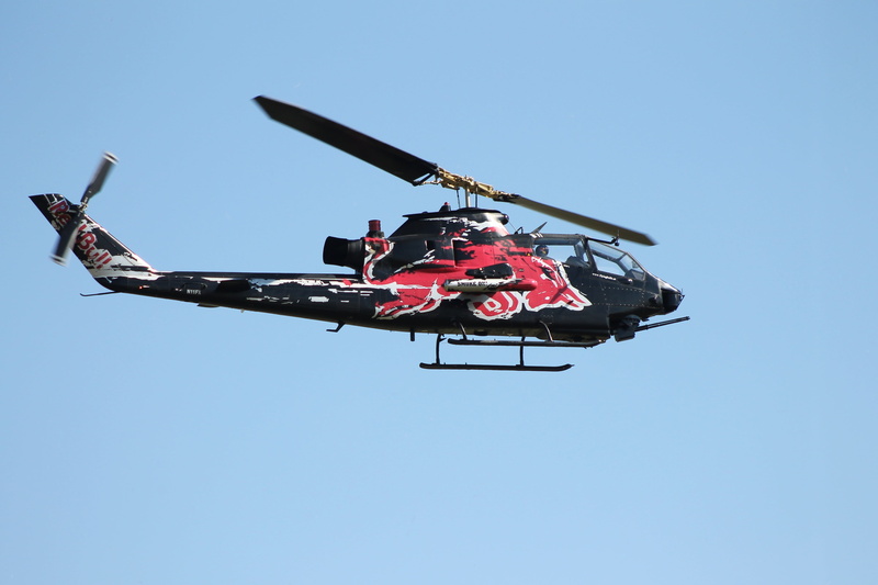 air vehicle, blue, aviation, flugshow, military, clear sky, red-bull, flying, on the move, motion, outdoors, day, helicopter, red bull, 4K, architecture