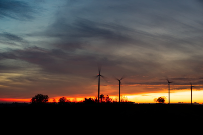 power generation, alternative energy, wind turbine, dusk, environmental conservation, 5K, technology, sunset, embers, orange color, red, wind energy, cloud - sky