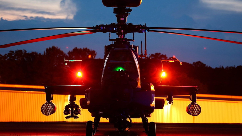 no people, outdoors, apache, dusk, helicopter rotor, motion, aircraft, sky, rotorcraft, airplane, aerospace industry, on the move, 1080P, airport runway
