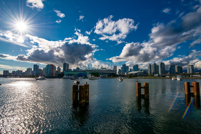 no people, city, water, sun rays, ports, clouds, 720P, sky, Vancouver, sea, photography, river, office building exterior, building, modern, sunlight, built structure