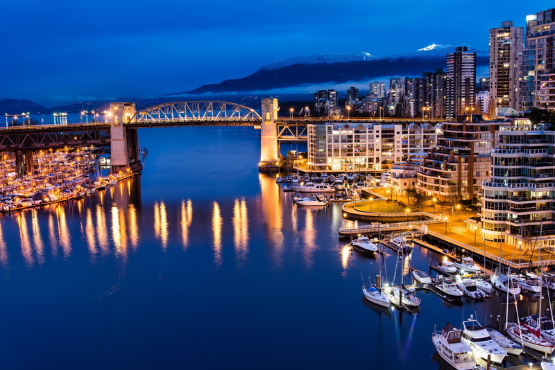 Vancouver, boats, houses, evening, dock, forest, Canada, bridge, mountains, 4K, boat, Cities, Night, city, port