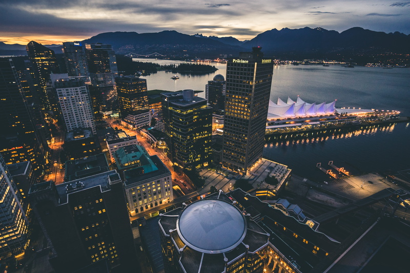 built structure, aerial view, water, landscape, cloud - sky, urban skyline, 5K, vancouver, financial district, illuminated, cityscape, sky, port, building