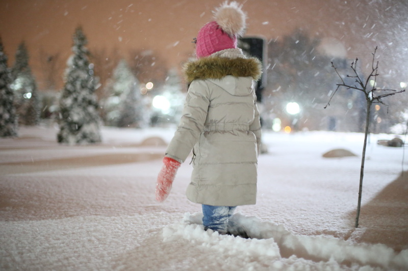 girls, extreme weather, hat, females, leisure activity, apparel, warm clothing, tree, snowing, winter coat, hood, sunrise, women, snow, 5K, rear view