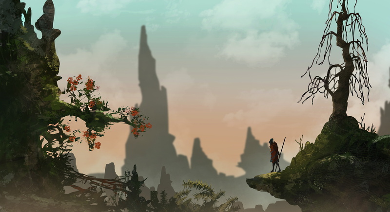 mist, loneliness, nature, trees, hero, warrior, artwork, fantasy art, spirituality, 5K, sky, plant, building, no people, spear, cloud - sky, architecture