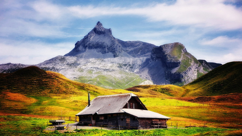 loneliness, villages, landscape, mountains, cabin, 2K