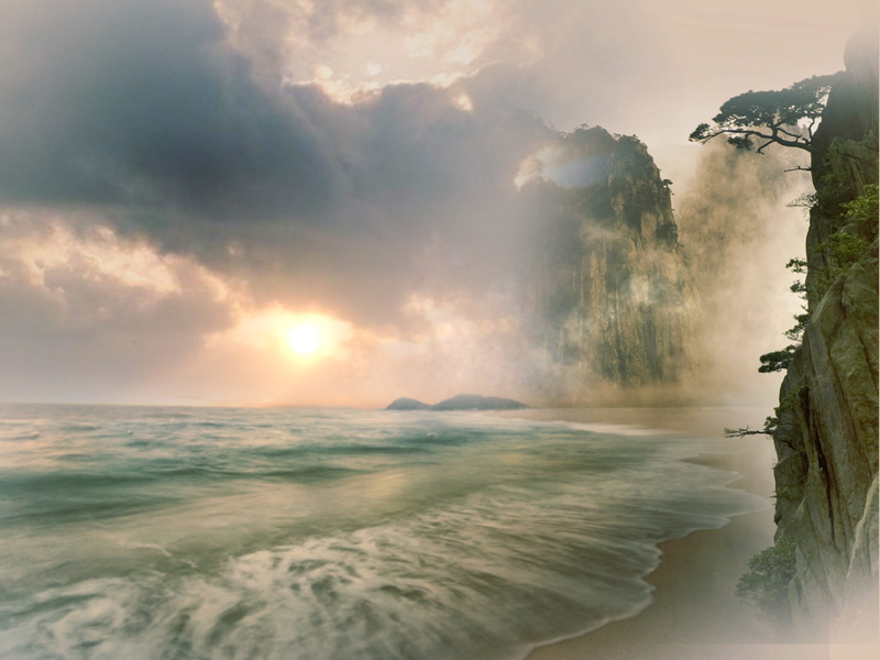 landscape, ocean, fog, romantic, non-urban scene, 2K, paradise, horizon over water, cloudy, daytime, cloud - sky, coast, back light, wide, dream, idyllic