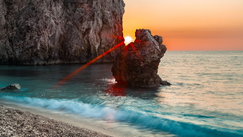 motion, land, mountain, sea, 1080P, outdoor, stone, travel, rock, beach, sunset, body of water, rocks, water, beauty in nature, landscape, clouds, summer
