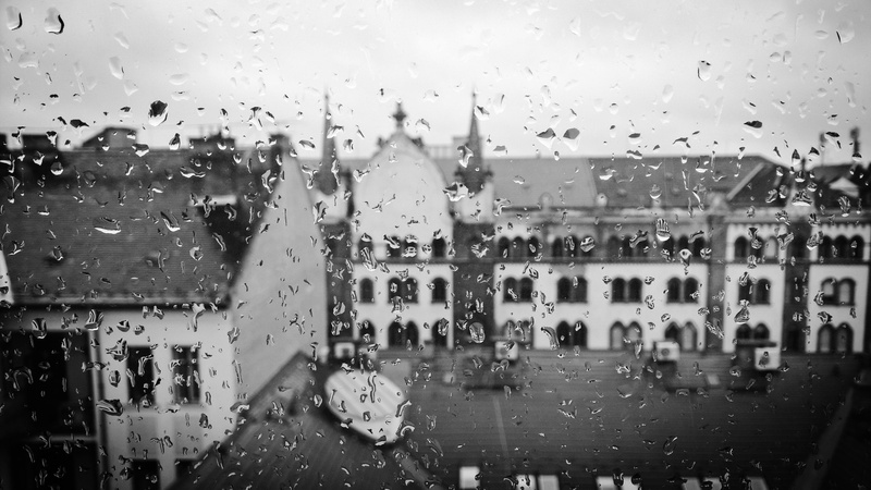 outdoors, drops, dewdrops, black-and-white, waterdrops, urban, 2K, window, street, glass - material, drop, no people, focus on foreground, buildings, nature
