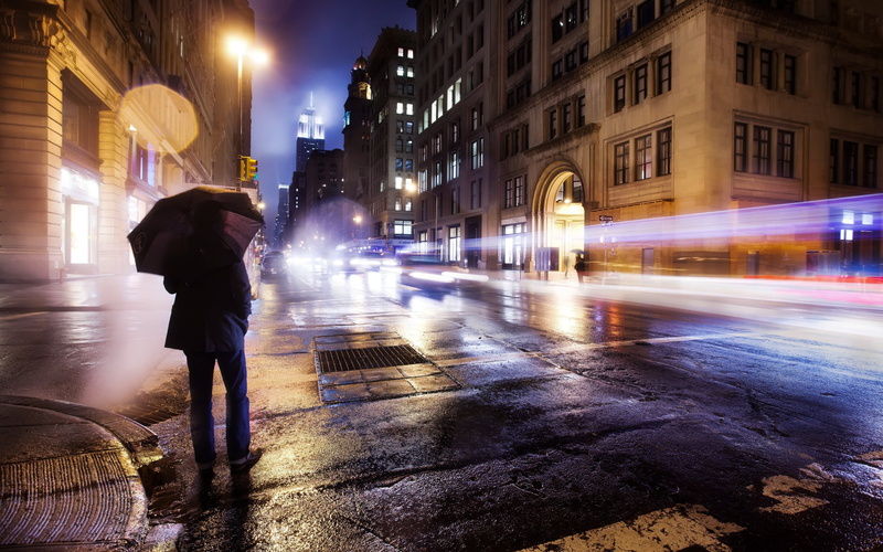 rain, men, s, illuminated, night, coat, lights, built structure, car, wet, 2K, motor vehicle, standing, one person, city street, street, building exterior