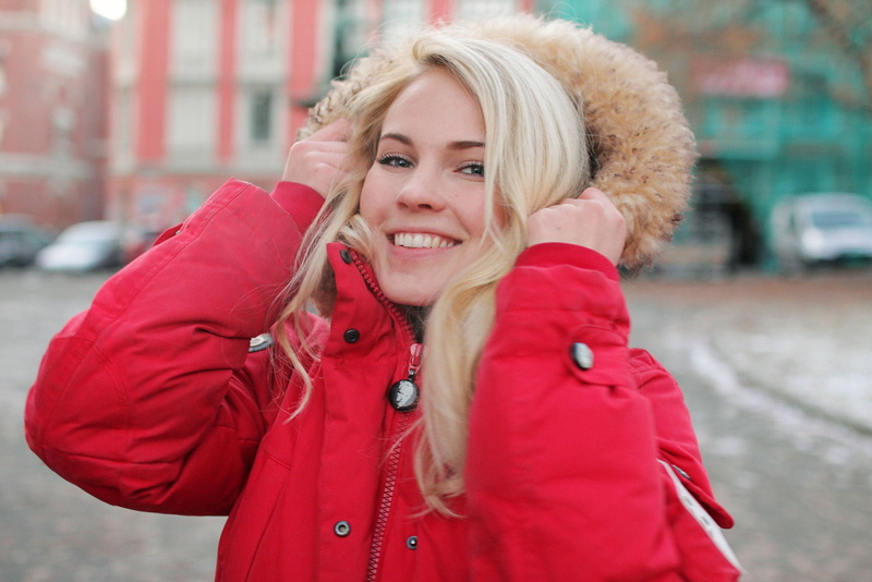 red jackets, face, winter, hair, blonde, positive emotion, cold temperature, winter coat, jacket, coat, emotion, front view, Emilie Marie Nereng, beautiful woman