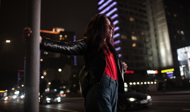street, city, long hair, night, building exterior, illuminated, hairstyle, leather jackets, leather, Andrey Frolov, standing, jeans, 1080P, built structure