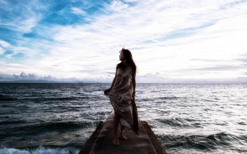 Asian, loneliness, white dress, looking into the distance, women outdoors, sea, women, barefoot, brunette, 1080P