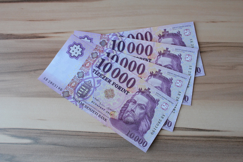 close-up, hungarian currency, western script, business finance and industry, 5K, still life, high angle view, paper currency, bills, representation, wood - material