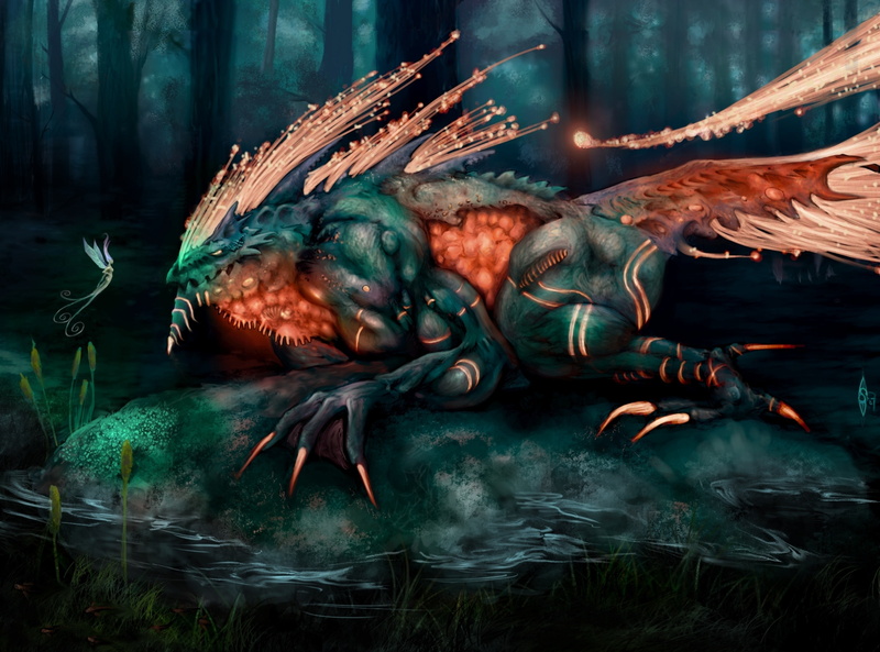 animal, mythical, water, animals in the wild, animal wildlife, orange, tree, plant, 2K, group of animals, close-up, outdoors, illustration, green, vertebrate