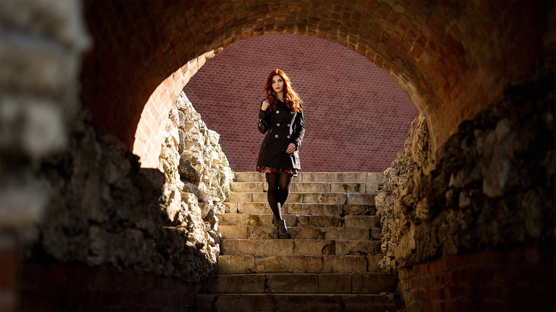 black coat, standing, model, 1080P, Alexandr Chuprina, long hair, redhead, holding hair, Lina, women, coats