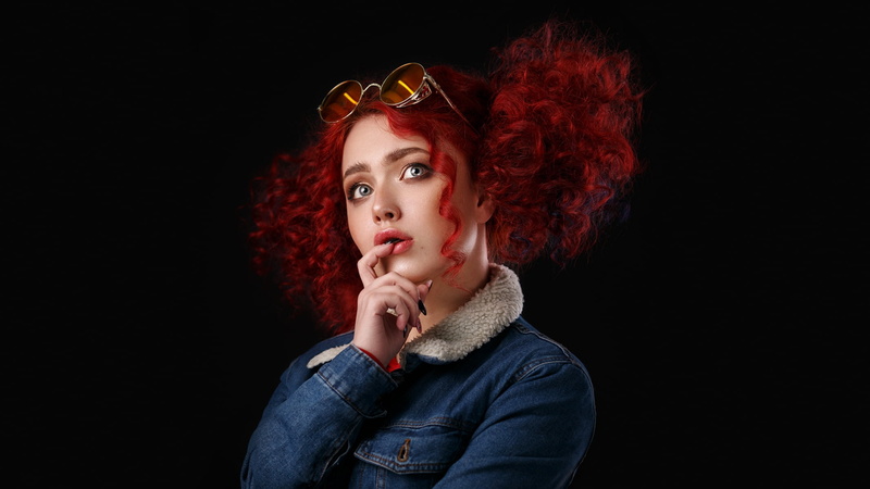 Elizabeth Renard, makeup, jeans jacket, simple background, women, finger on lips, 1080P, curly hair, Alexandr Chuprina, portrait, redhead, dark background