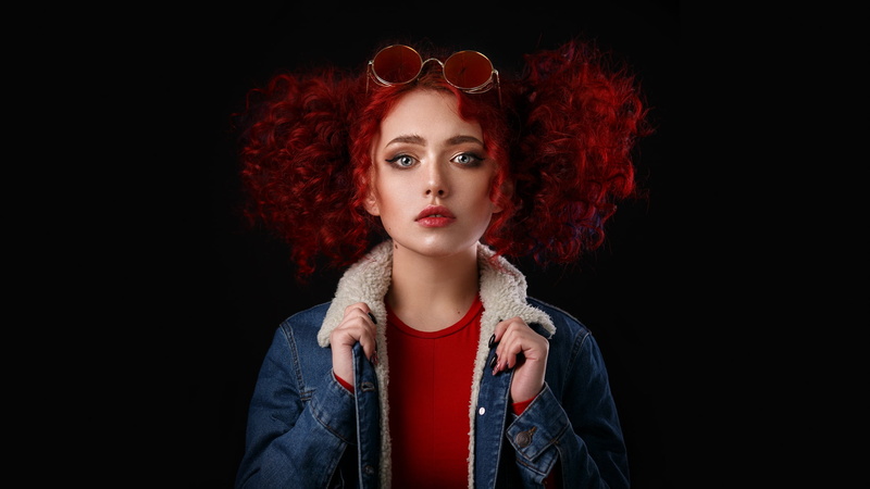 dark, model, redhead, red lipstick, dark background, sunglasses, makeup, portrait, curly hair, women, holding clothes, denim, gray eyes, red, Elizabeth Renard