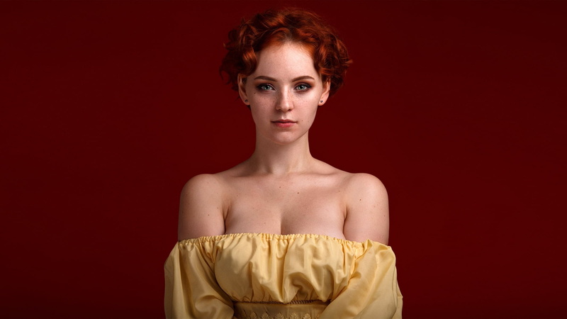 Alexander Chuprina, red, dress, portrait, girl, bare shoulders, hairstyle, background, freckles, look, beautiful, model, redhead, 1080P, Alexandr Chuprina