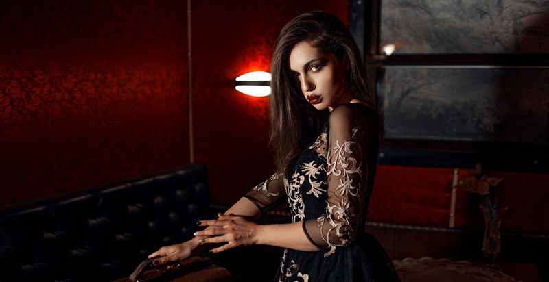 depth of field, portrait, painted nails, red lipstick, brunette, dress, model, looking at viewer, women, 1080P, Kirill Bukrey, indoors
