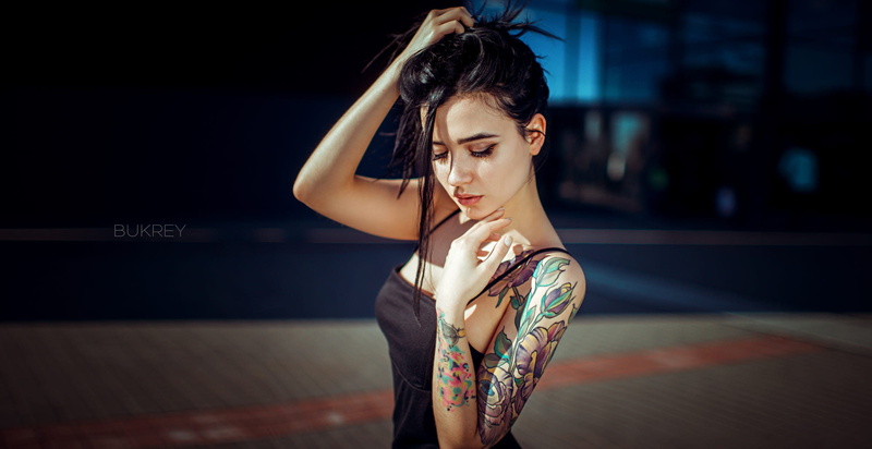 Aleksa Tereschuk, tattoo, no bra, women, women outdoors, portrait, face, brunette, black clothing, Kirill Bukrey, bokeh, dress, 1080P, hands in hair