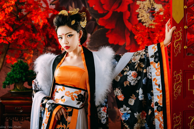 women, 5K, model, looking at viewer, red lipstick, traditional clothing, makeup, Kiki Hsieh, Asian, furry, brunette