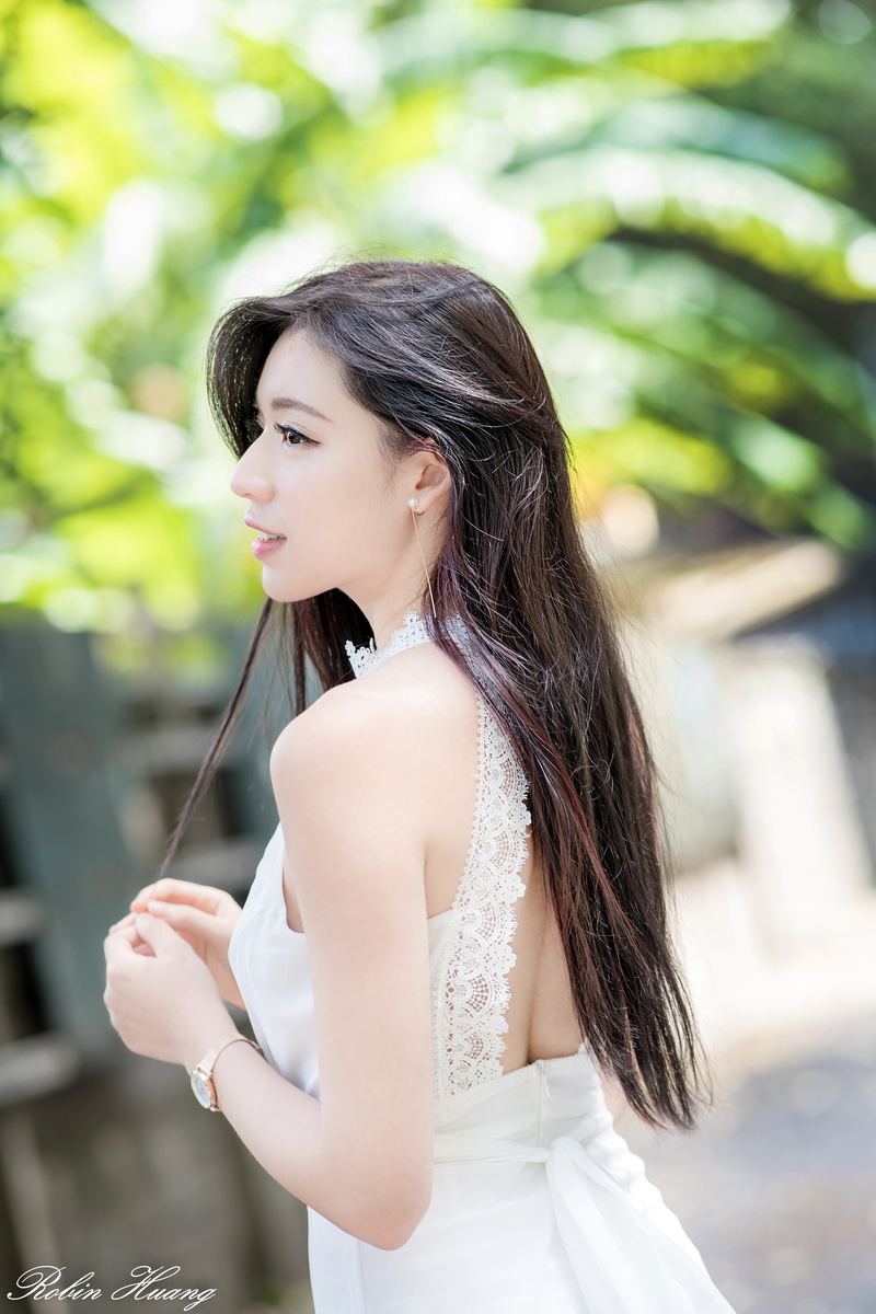 brunette, white dress, women, looking away, portrait display, Kiki Hsieh, 4K, holding hair, depth of field, long hair, model, Asian