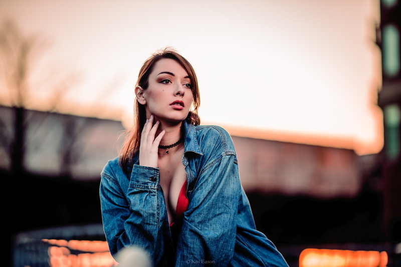 women, brown eyes, open mouth, choker, red tops, Kai Eason, portrait, 4K, brunette, jeans jacket