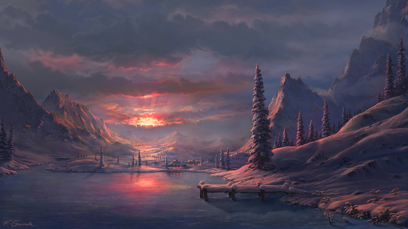 4K, digital art, landscape, winter, artwork, ilustration, snow, sunset, lake