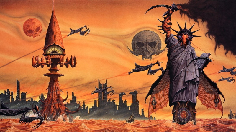 Praying mantises, Art, Alternate Reality, Rendering, The Statue Of Liberty, Fantasy, The Hammer and sickle, 1080P, Skull