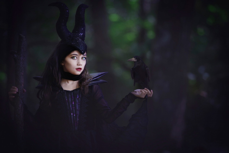digital, 1080P, clothing, witch, outdoors, casual clothing, Maleficent, adult, girl, standing, forest, costume, tree, evil, real people, leisure activity