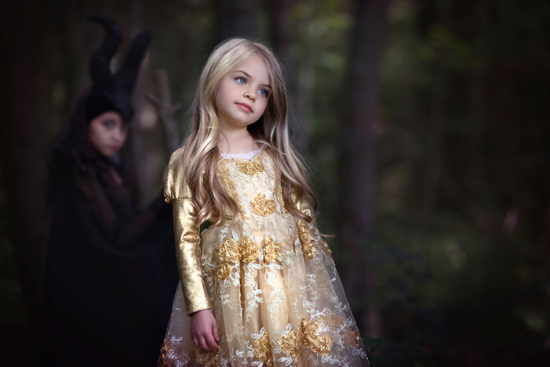 clothing, long, front view, long hair, standing, dress, gold, s, floral, blond hair, fashion, young women, forest, adult, three quarter length, tree, people