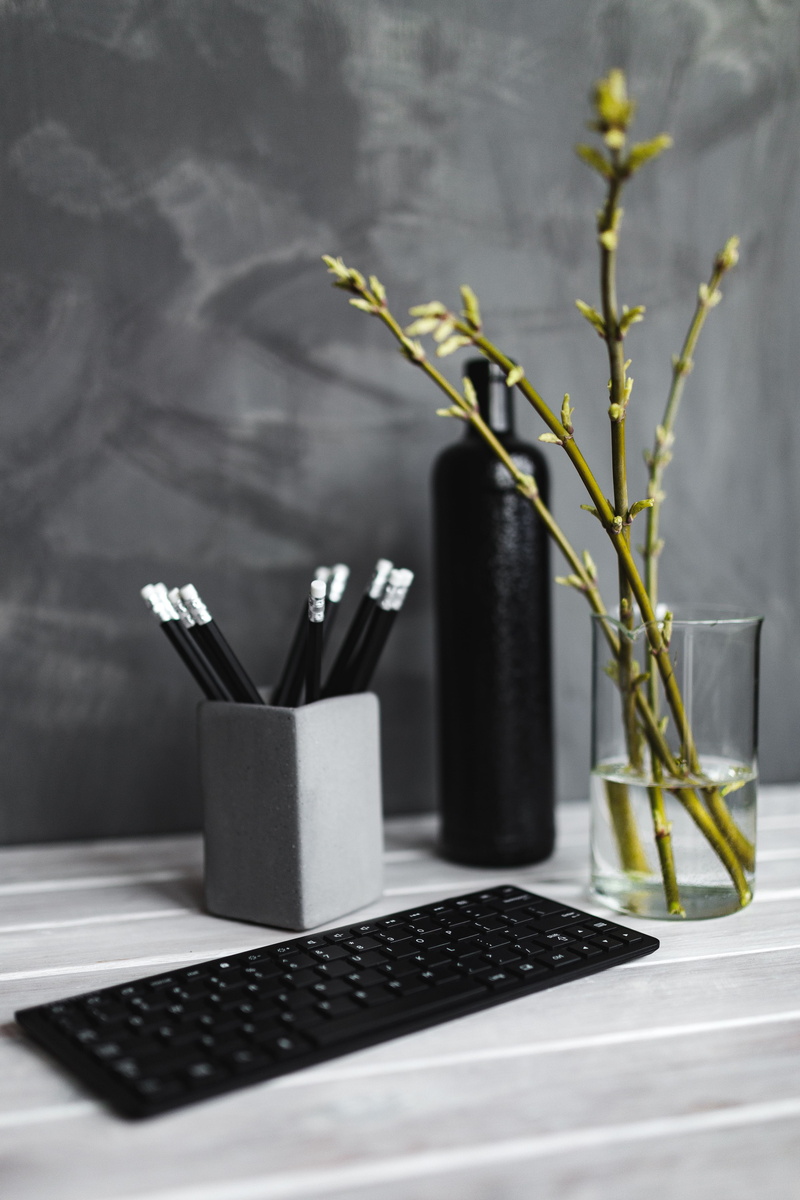 black, home interior, wireless technology, focus on foreground, technology, close-up, pencils, desk, no People, 4K, potted plant, computer, bottle, container
