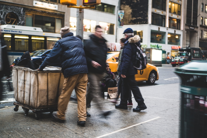 go, men, road, pedestrian, 5K, urban Scene, travel, long exposure, grit, editorial, sidewalk, beside, people, pushing, cab, passing, homeless, new york