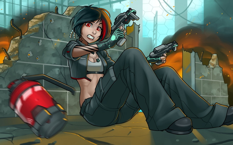 gun, tattoo, artwork, red eyes, women, grenades, girls with guns, 720P, weapon, short hair