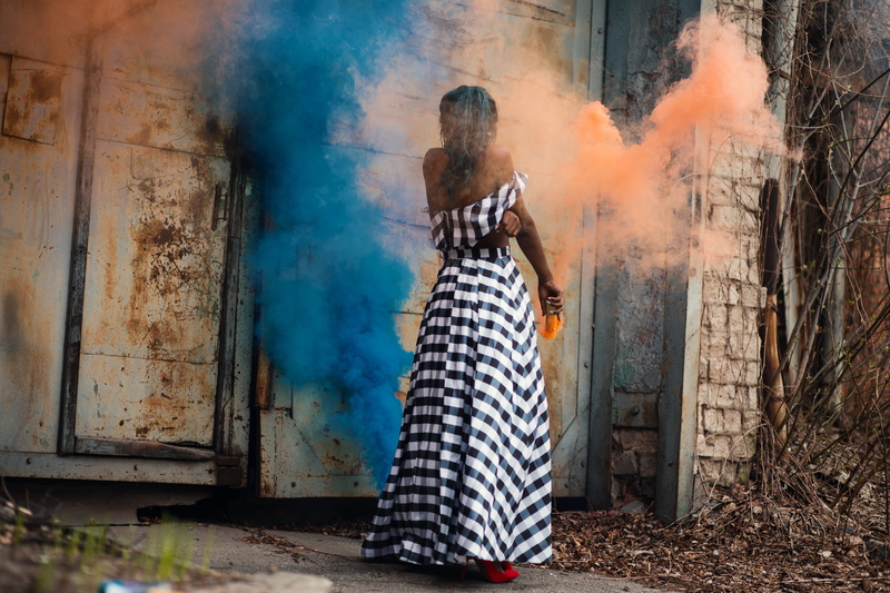 color splash, fashion, smoke, concept, abandoned, fashionable, off-shoulder, wear, smoke - physical structure, rear view, back, orange, ukraine, full length