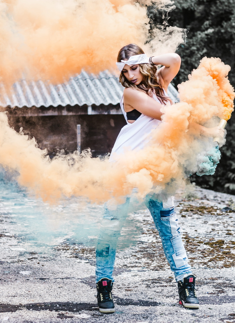 full length, young adult, lifestyles, bomb, bottle, nature, standing, day, pyro, 4K, female, woman, smoke, clothing, young women, beauty, girl, front view